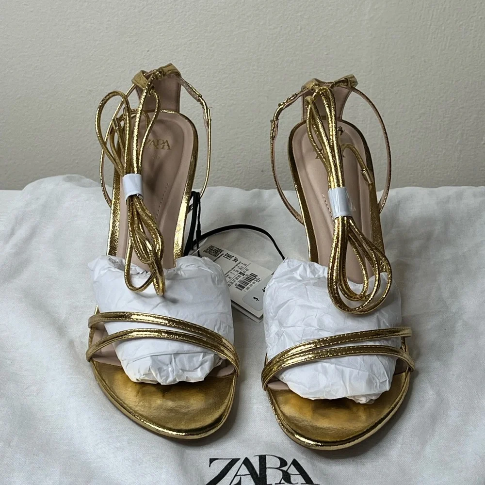 Zara Gold Lace up  Sandals - Picture 2 of 14